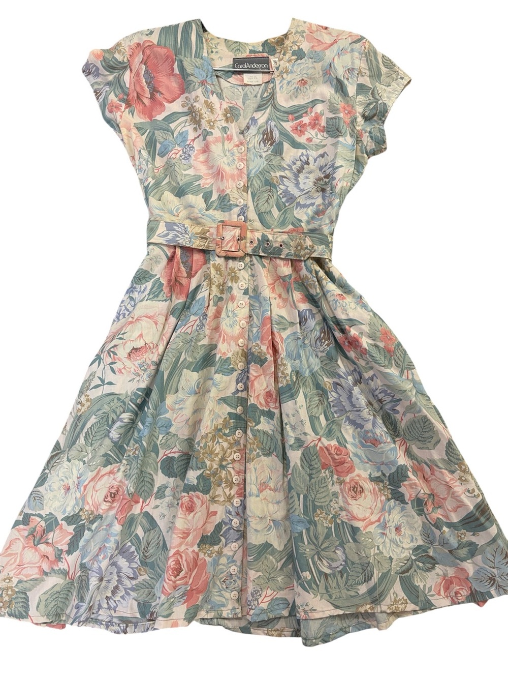 Carol Anderson Vintage 80s Pastel Watercolor Floral Belted Button Dress Sz 7/8